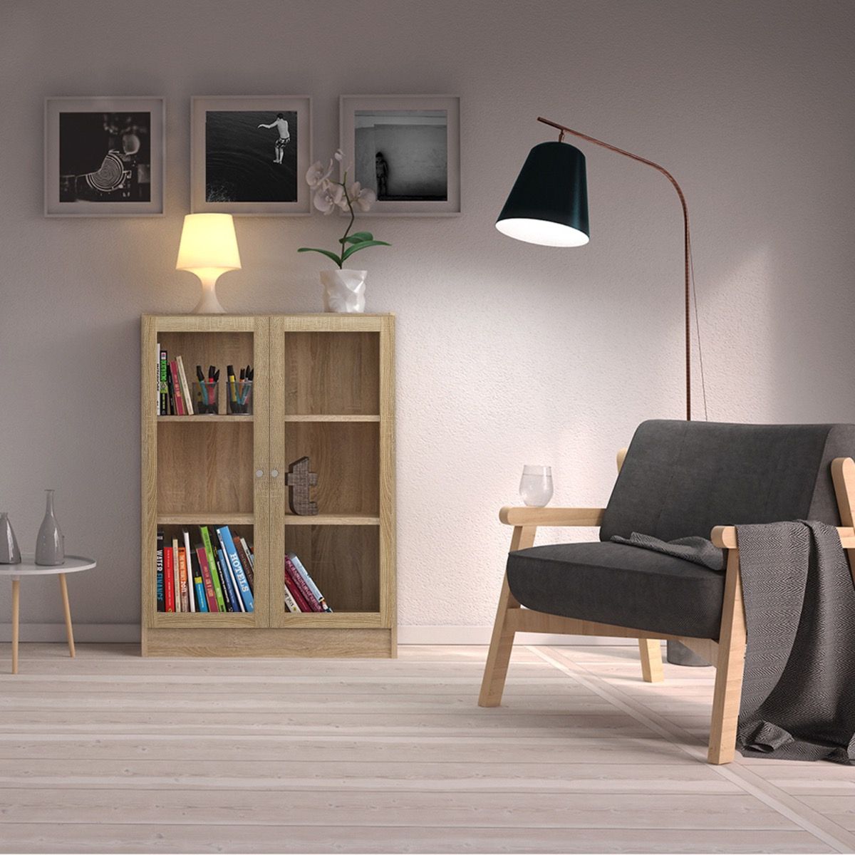 Basic Low Wide Display Cabinet In Oak (2 Shelves) With 2 Glass Doors In Oak - Price Crash Furniture