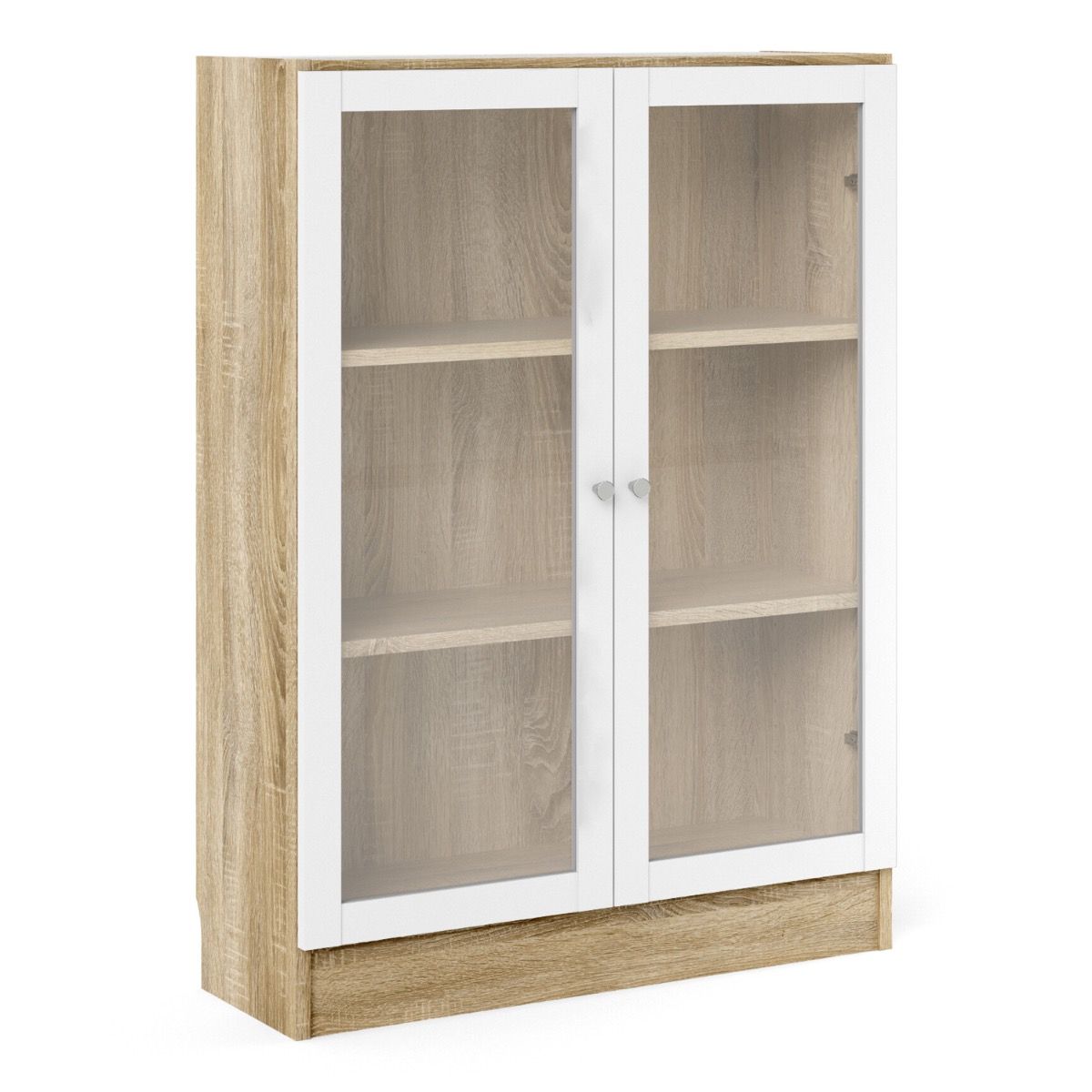Basic Low Wide Display Cabinet In Oak (2 Shelves) With 2 Glass Doors In White - Price Crash Furniture