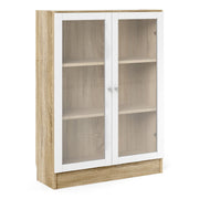 Basic Low Wide Display Cabinet In Oak (2 Shelves) With 2 Glass Doors In White - Price Crash Furniture