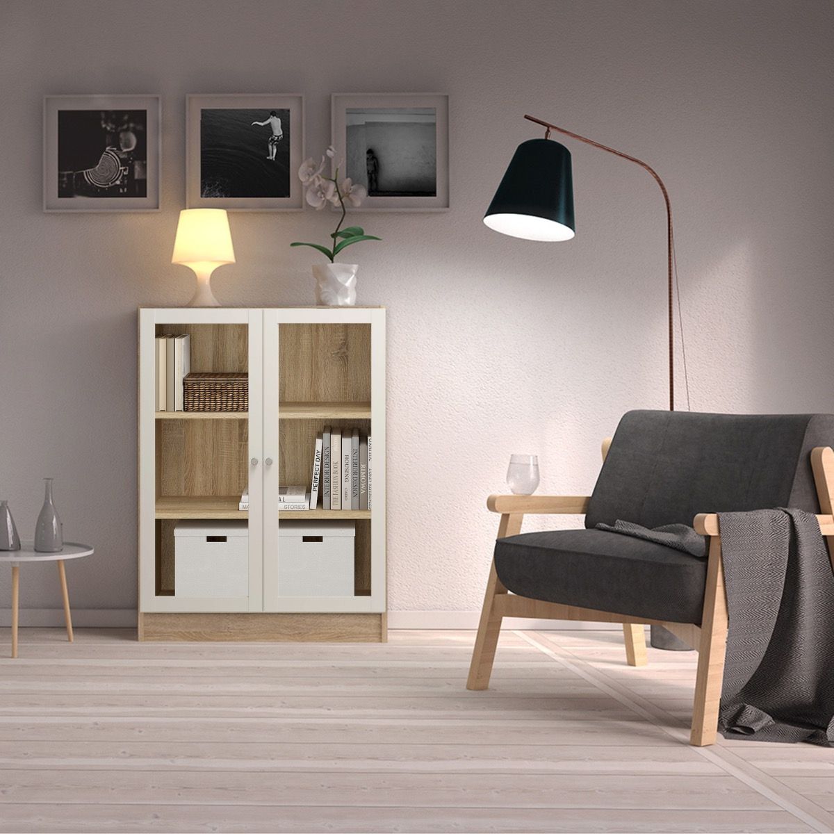 Basic Low Wide Display Cabinet In Oak (2 Shelves) With 2 Glass Doors In White - Price Crash Furniture