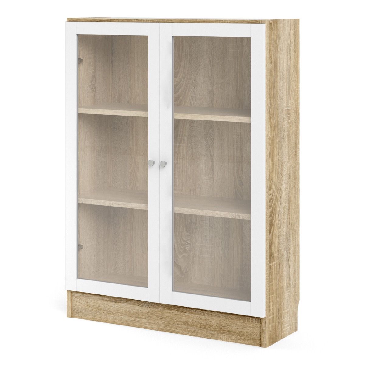Basic Low Wide Display Cabinet In Oak (2 Shelves) With 2 Glass Doors In White - Price Crash Furniture