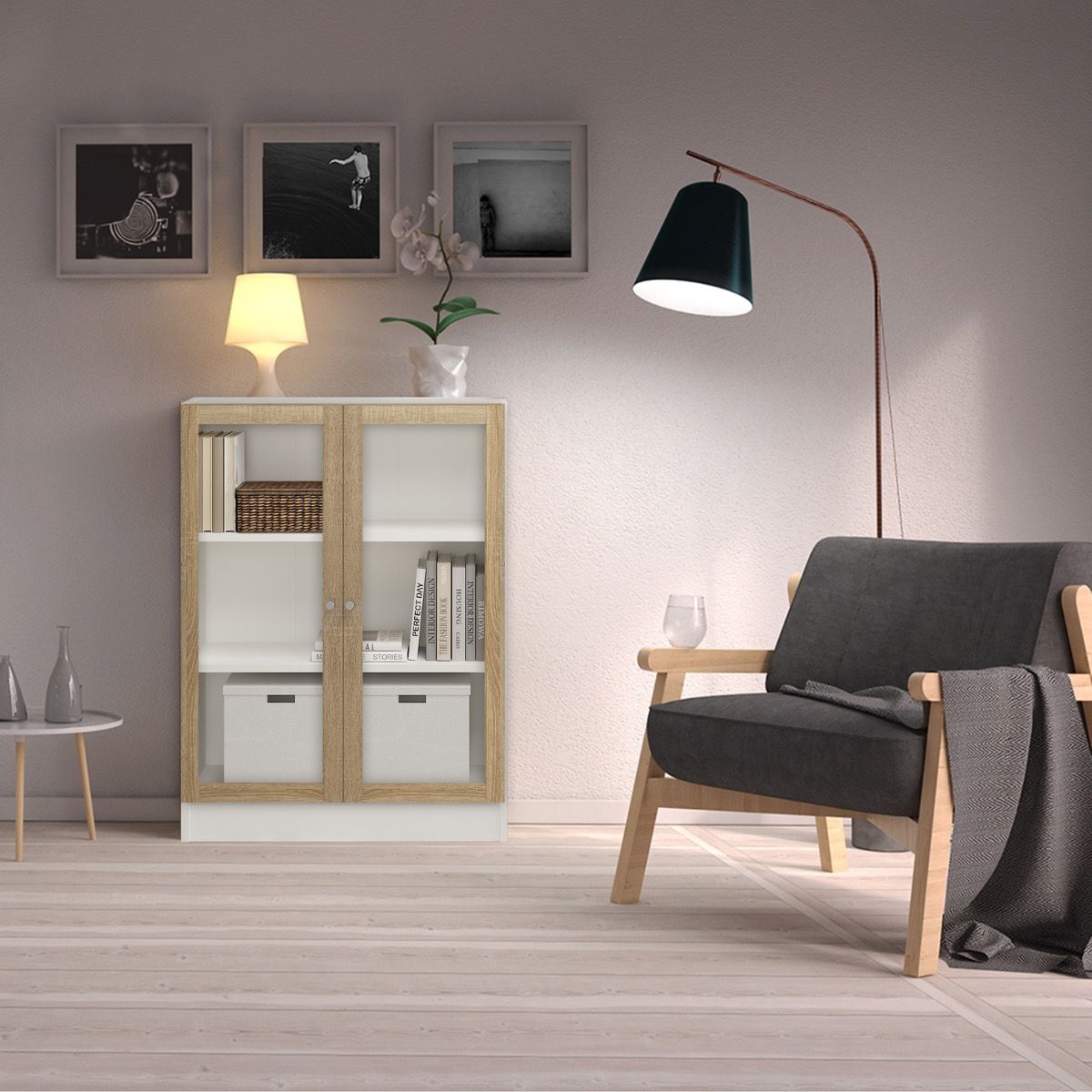 Basic Low Wide Display Cabinet In White (2 Shelves) With 2 Glass Doors In Oak - Price Crash Furniture