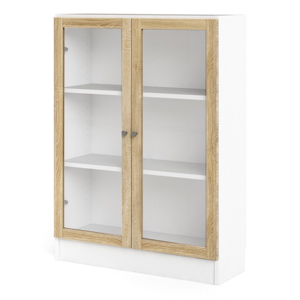 Basic Low Wide Display Cabinet In White (2 Shelves) With 2 Glass Doors In Oak - Price Crash Furniture