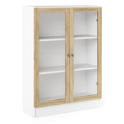 Basic Low Wide Display Cabinet In White (2 Shelves) With 2 Glass Doors In Oak - Price Crash Furniture