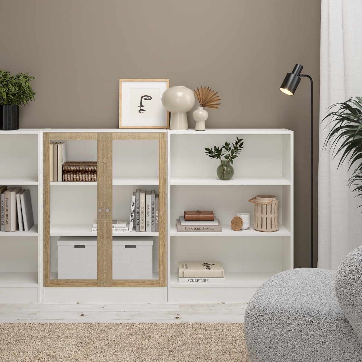 Basic Low Wide Display Cabinet In White (2 Shelves) With 2 Glass Doors In Oak - Price Crash Furniture