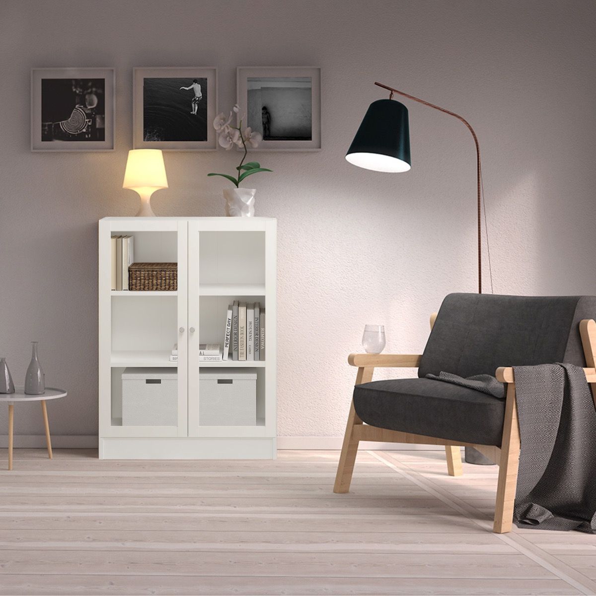 Basic Low Wide Display Cabinet In White (2 Shelves) With 2 Glass Doors In White - Price Crash Furniture