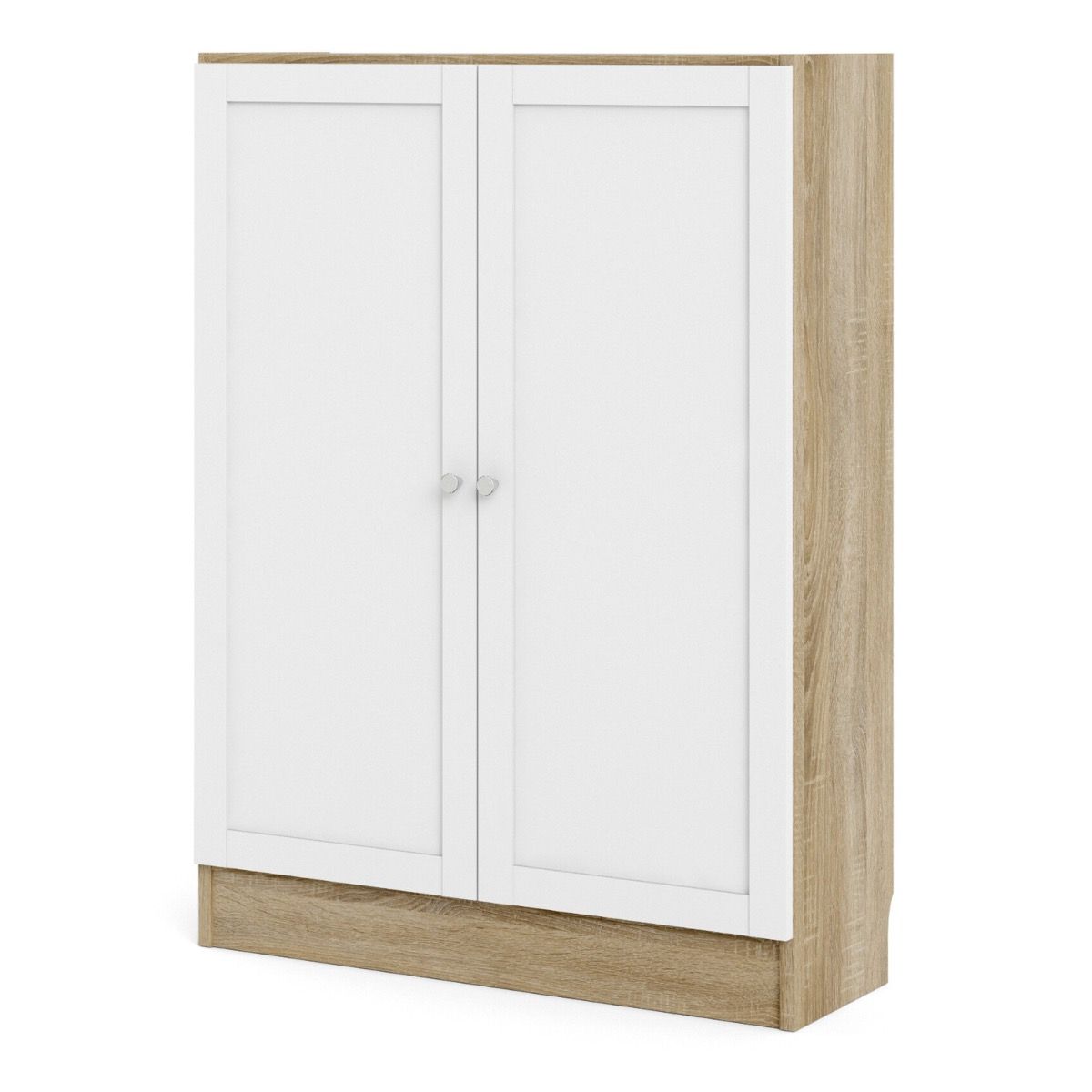 Basic Low Wide Storage Cabinet In Oak (2 Shelves) With 2 White Doors - Price Crash Furniture