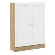 Basic Low Wide Storage Cabinet In Oak (2 Shelves) With 2 White Doors - Price Crash Furniture