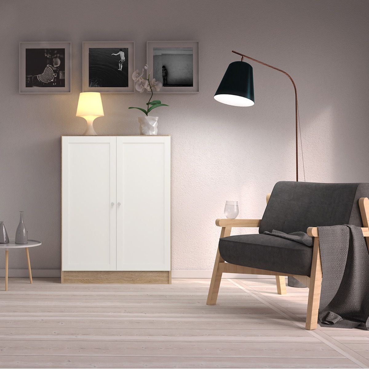Basic Low Wide Storage Cabinet In Oak (2 Shelves) With 2 White Doors - Price Crash Furniture
