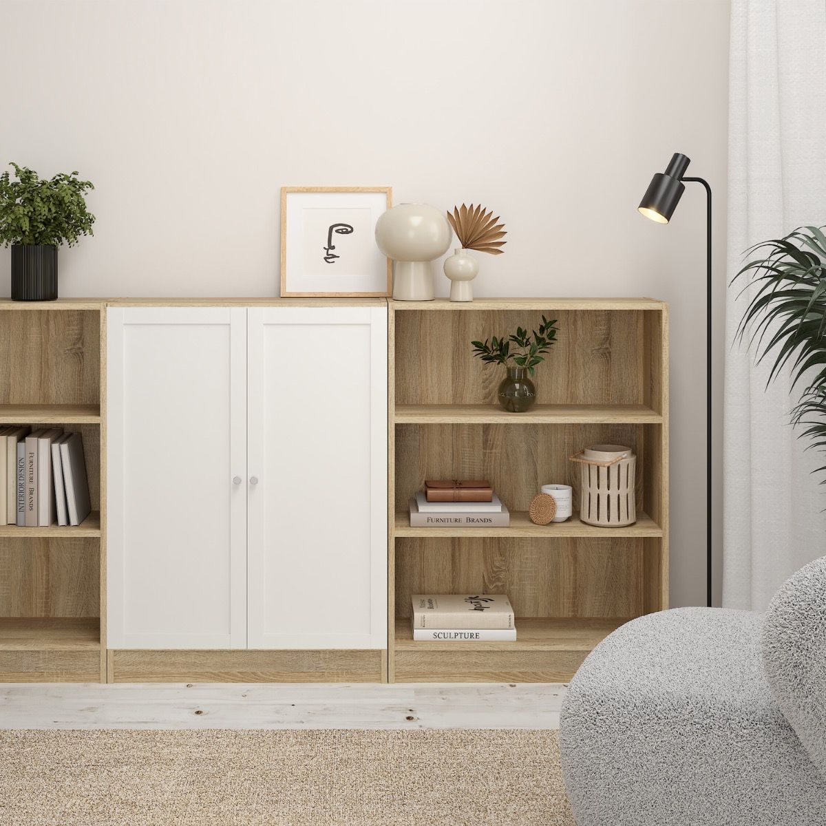Basic Low Wide Storage Cabinet In Oak (2 Shelves) With 2 White Doors - Price Crash Furniture