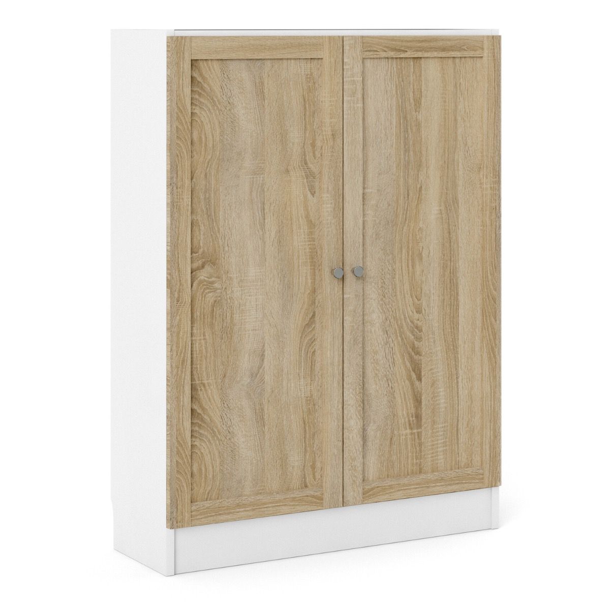 Basic Low Wide Storage Cabinet In White (2 Shelves) With 2 Oak Doors - Price Crash Furniture