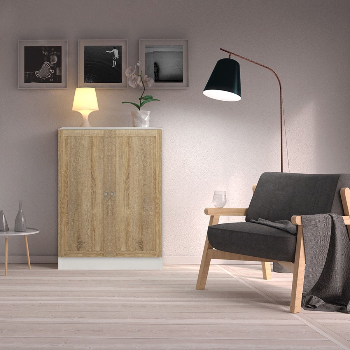 Basic Low Wide Storage Cabinet In White (2 Shelves) With 2 Oak Doors - Price Crash Furniture
