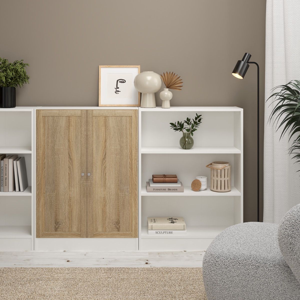 Basic Low Wide Storage Cabinet In White (2 Shelves) With 2 Oak Doors - Price Crash Furniture