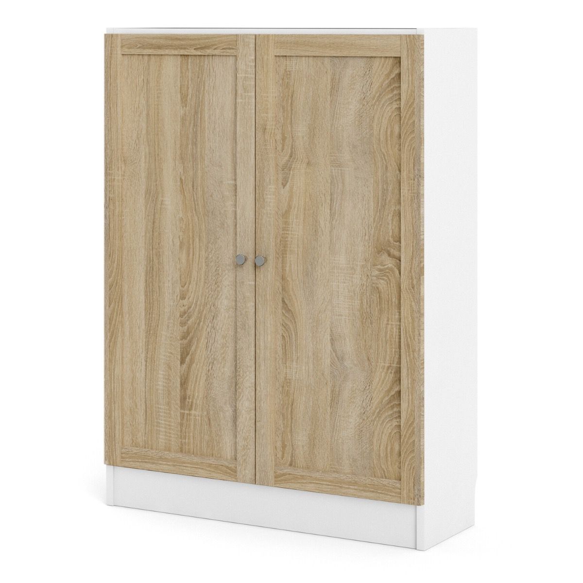 Basic Low Wide Storage Cabinet In White (2 Shelves) With 2 Oak Doors - Price Crash Furniture