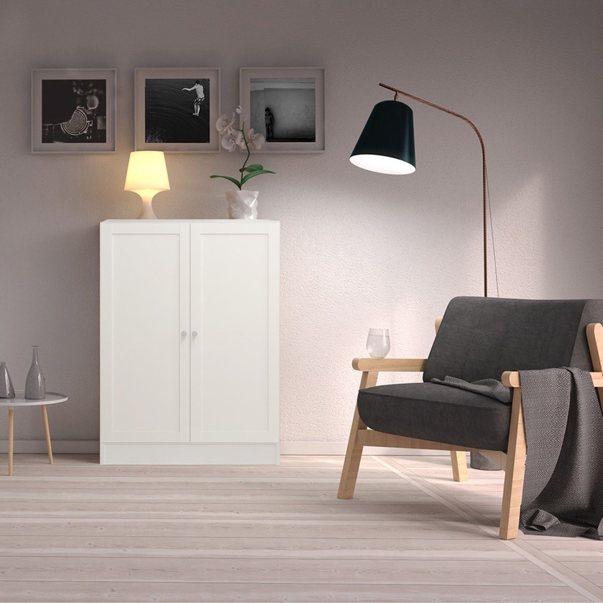 Basic Low Wide Storage Cabinet In White (2 Shelves) With 2 White Doors - Price Crash Furniture