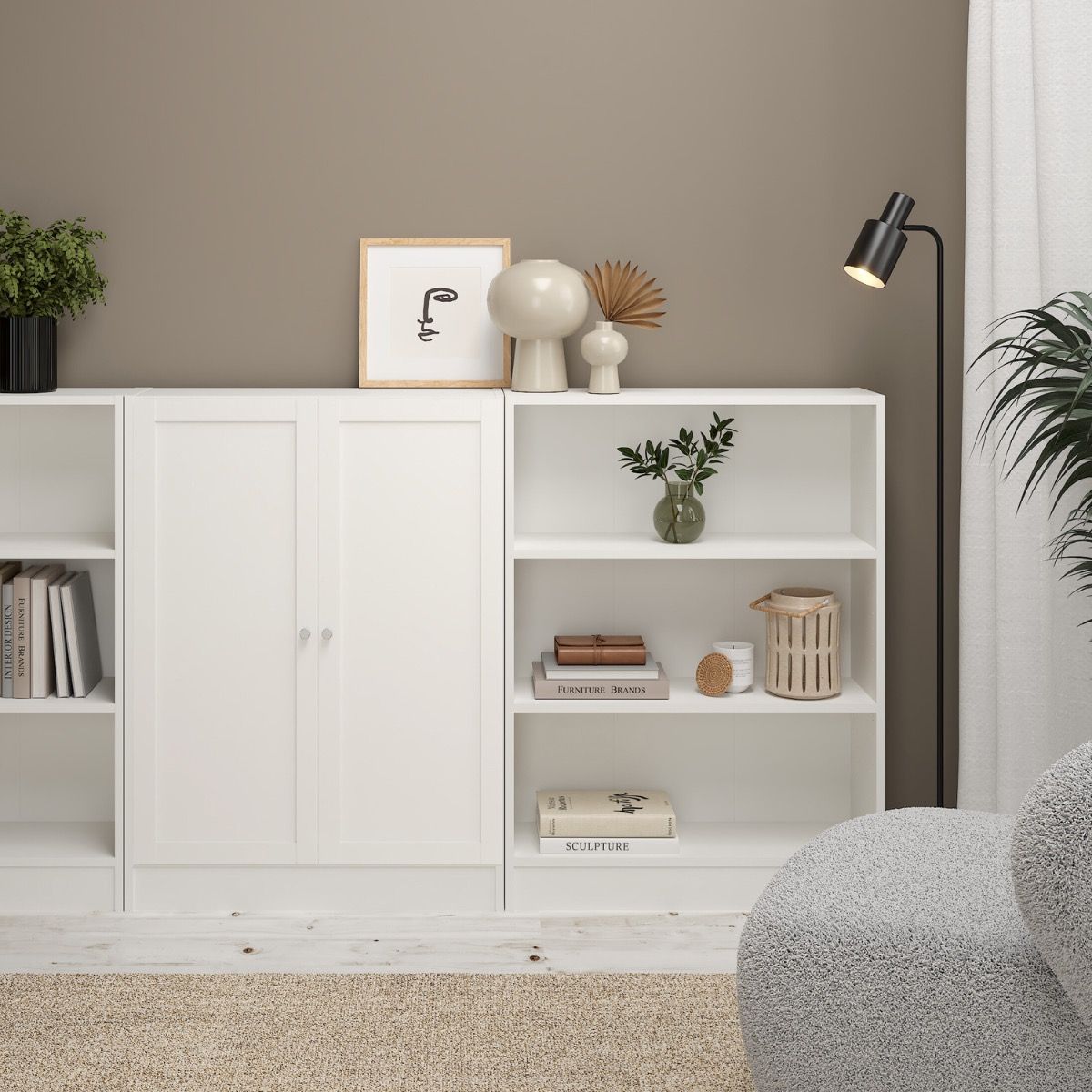 Basic Low Wide Storage Cabinet In White (2 Shelves) With 2 White Doors - Price Crash Furniture