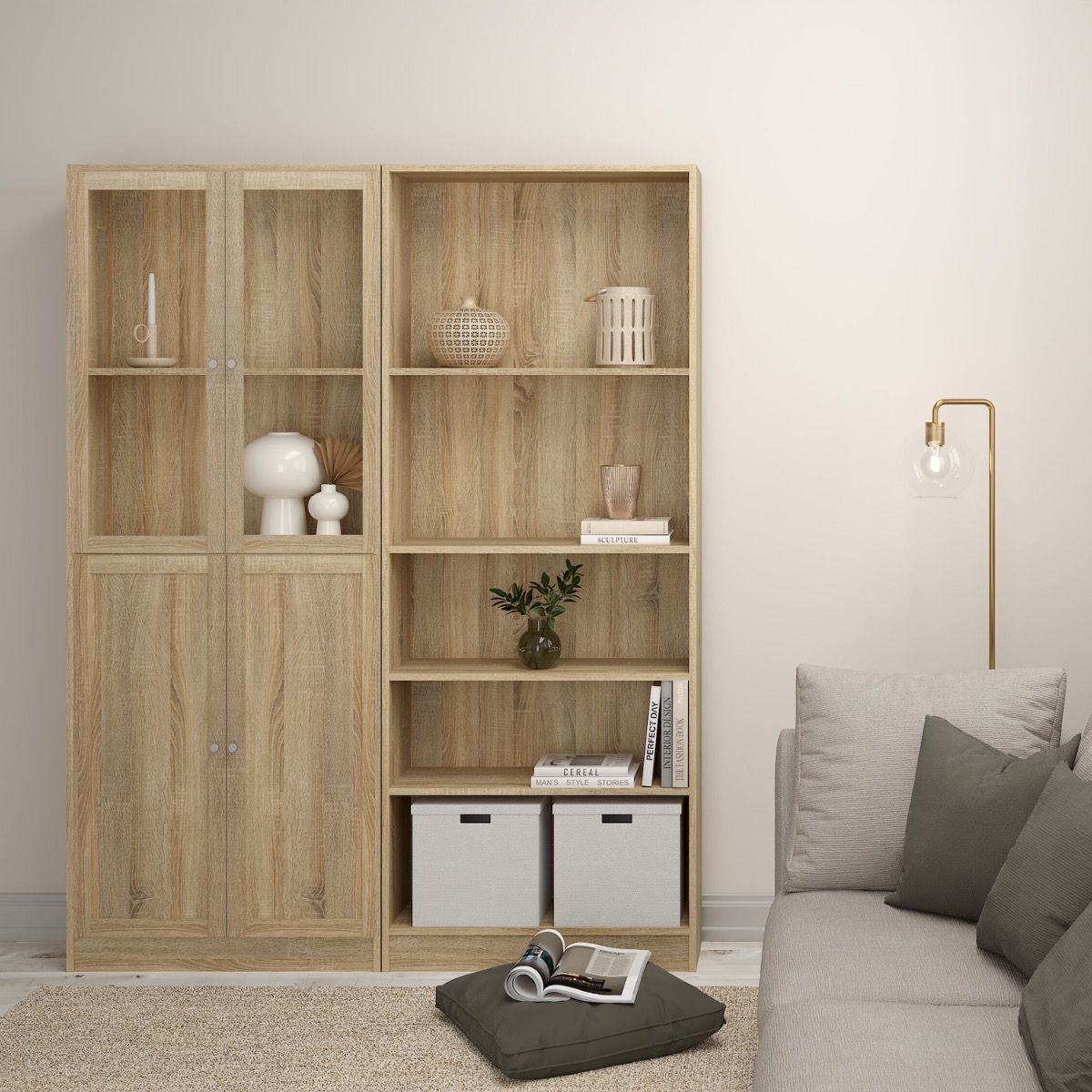 Basic Tall Wide 4 Door Display Cabinet Dresser In Oak - Price Crash Furniture
