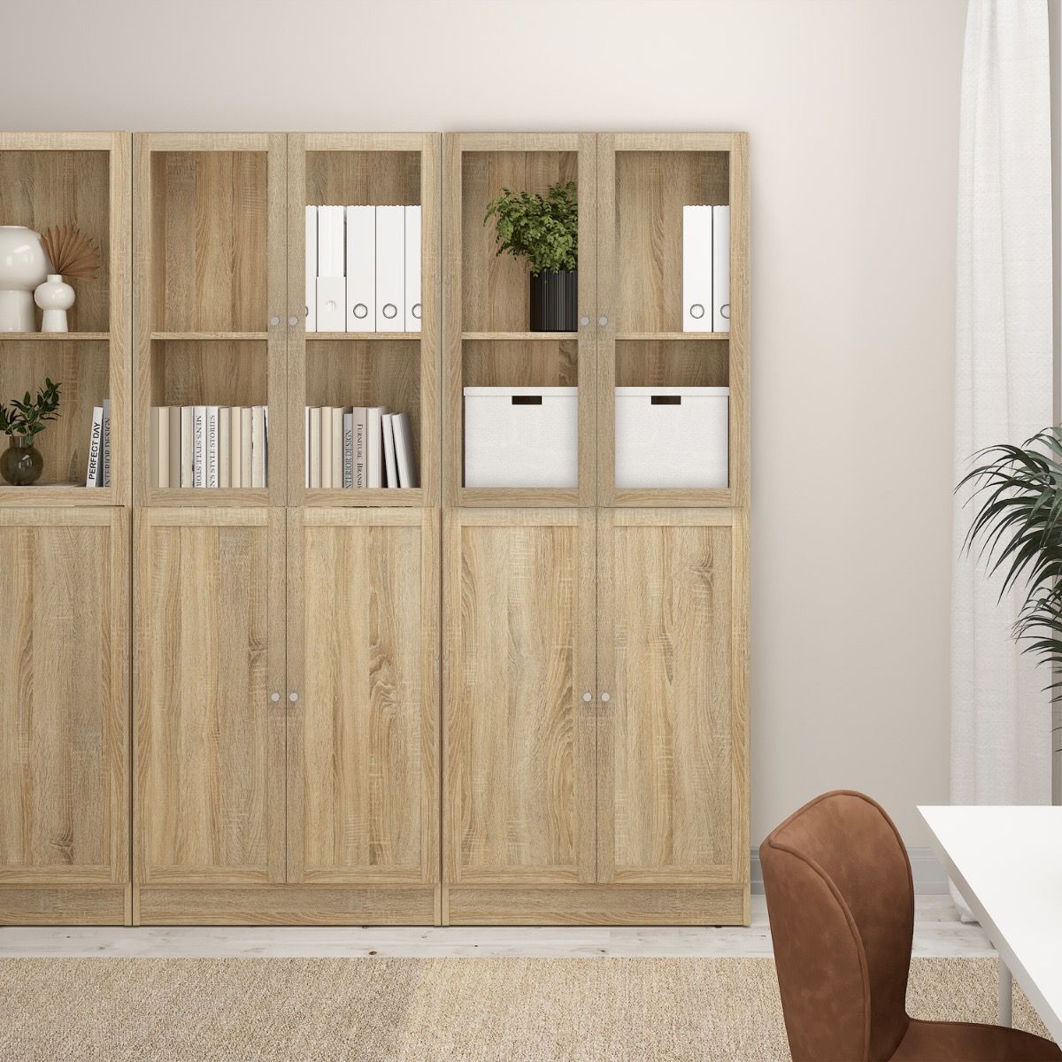 Basic Tall Wide 4 Door Display Cabinet Dresser In Oak - Price Crash Furniture