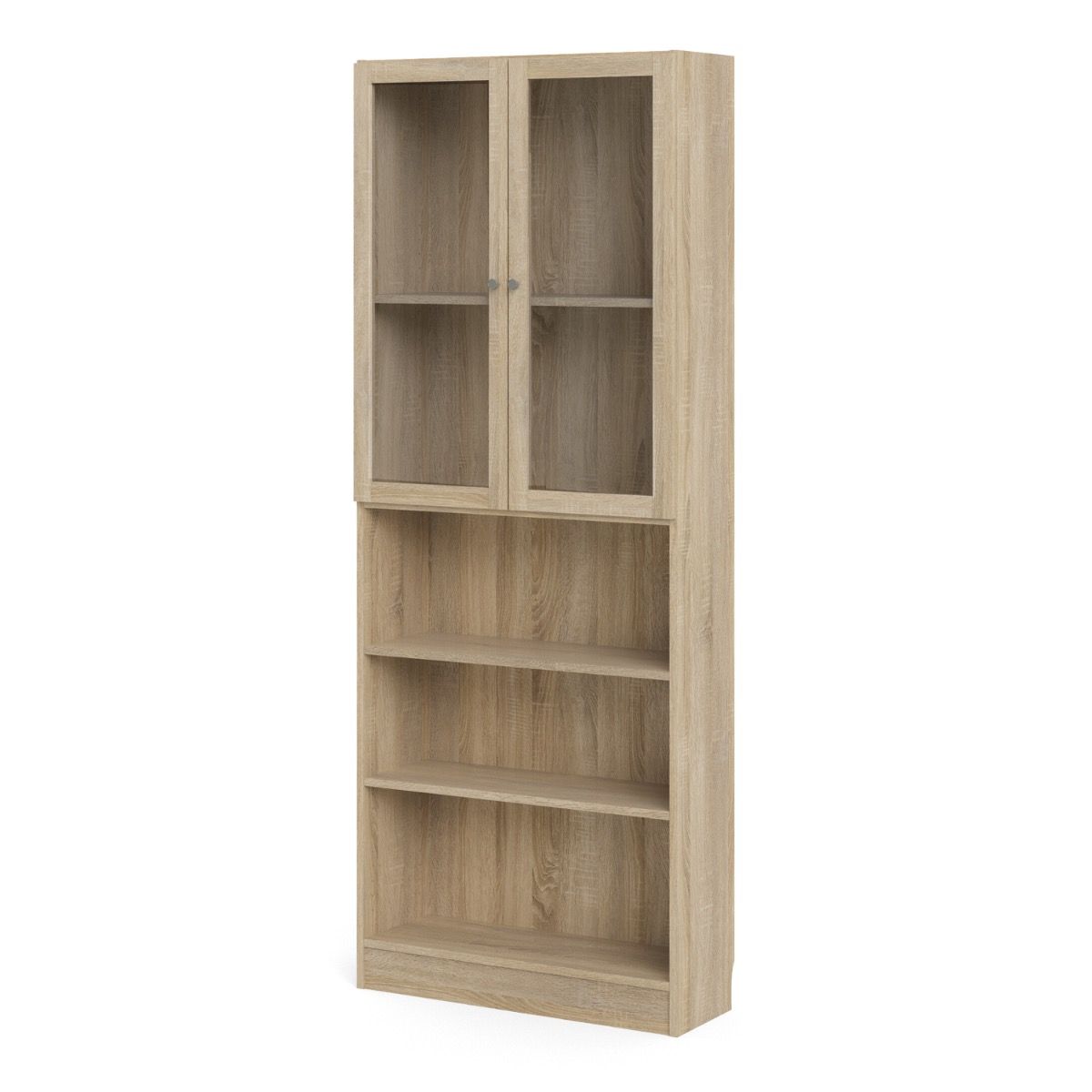 Basic Tall Wide Display Cabinet In Oak (4 Shelves) With 2 Glass Oak Doors - Price Crash Furniture
