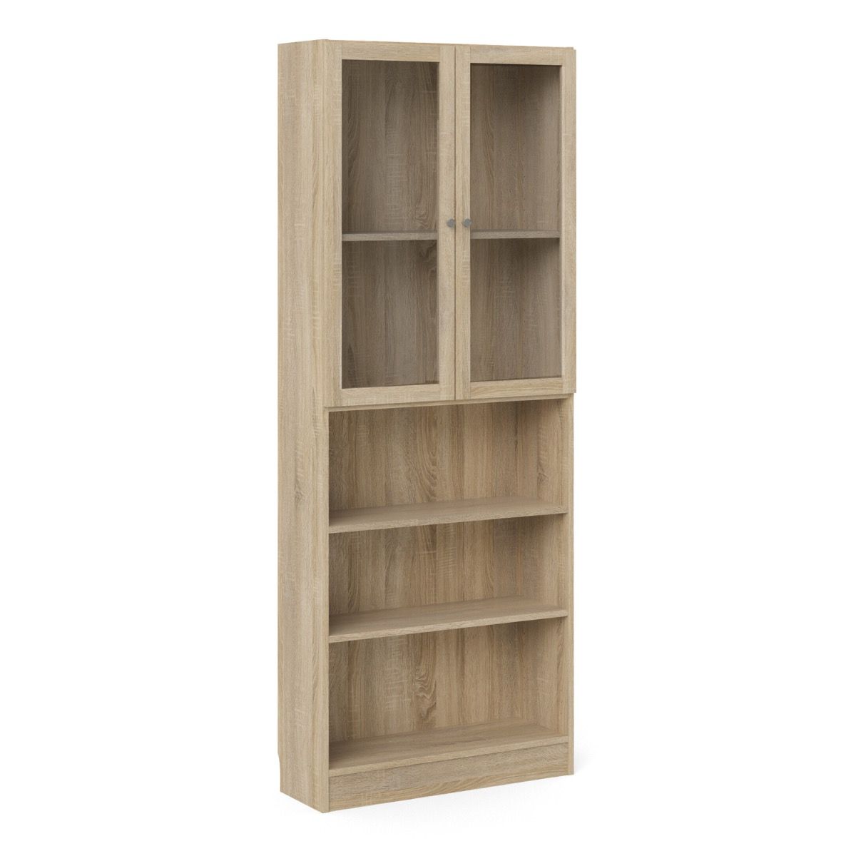 Basic Tall Wide Display Cabinet In Oak (4 Shelves) With 2 Glass Oak Doors - Price Crash Furniture