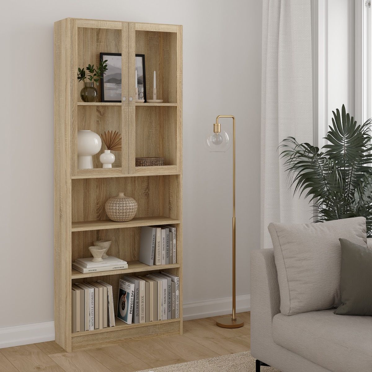 Basic Tall Wide Display Cabinet In Oak (4 Shelves) With 2 Glass Oak Doors - Price Crash Furniture