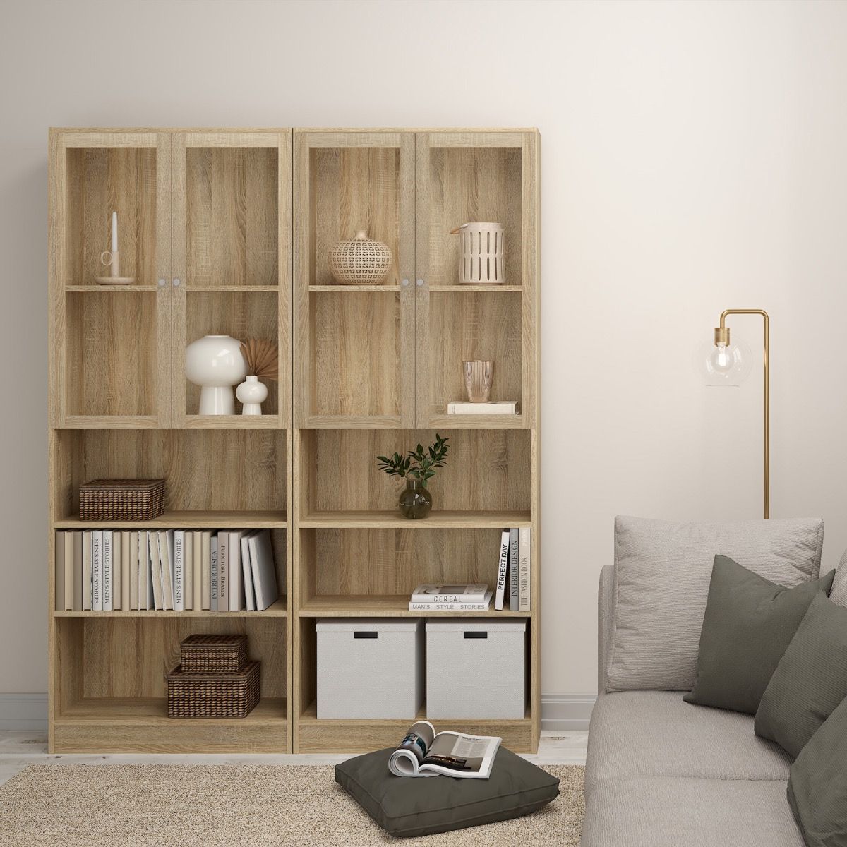 Basic Tall Wide Display Cabinet In Oak (4 Shelves) With 2 Glass Oak Doors - Price Crash Furniture