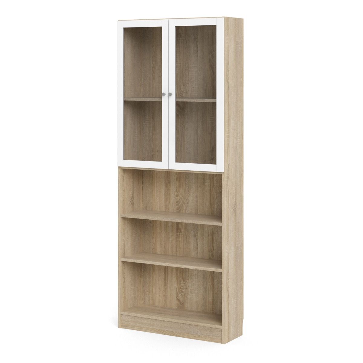 Basic Tall Wide Display Cabinet In Oak (4 Shelves) With 2 Glass White Doors - Price Crash Furniture