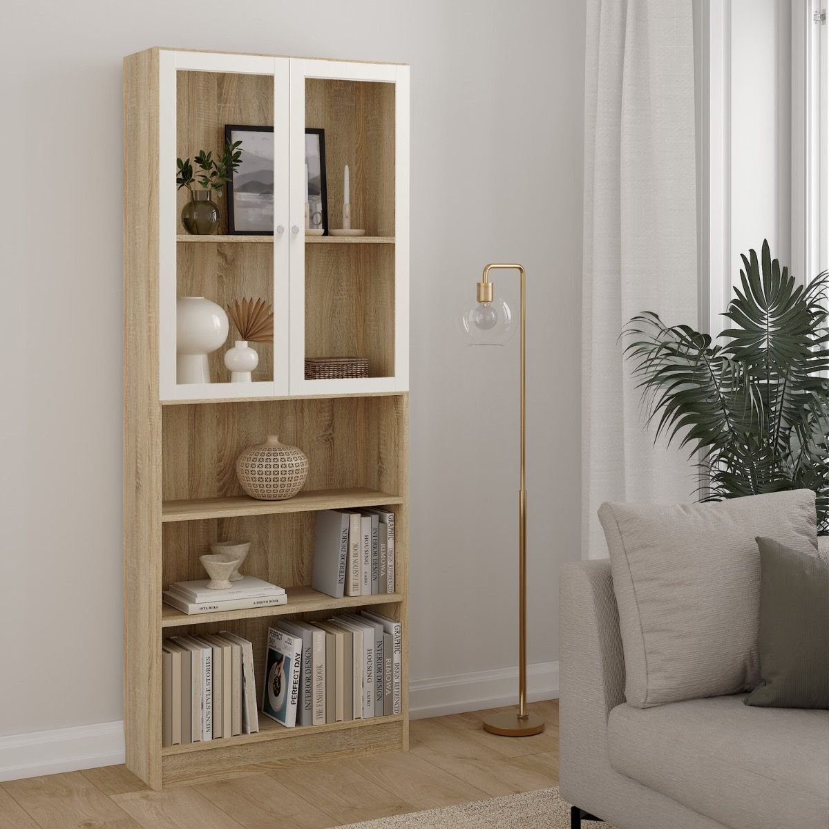 Basic Tall Wide Display Cabinet In Oak (4 Shelves) With 2 Glass White Doors - Price Crash Furniture