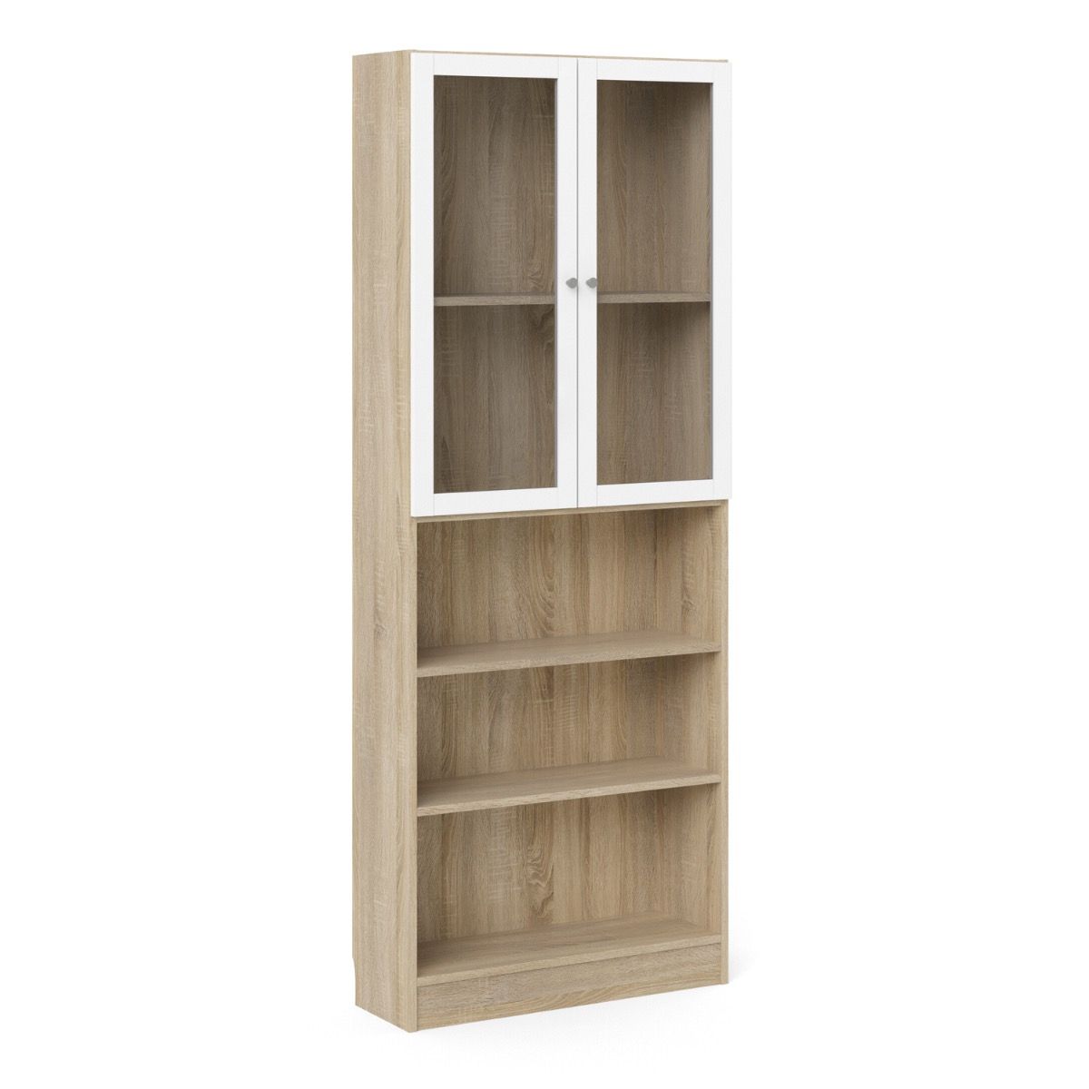 Basic Tall Wide Display Cabinet In Oak (4 Shelves) With 2 Glass White Doors - Price Crash Furniture