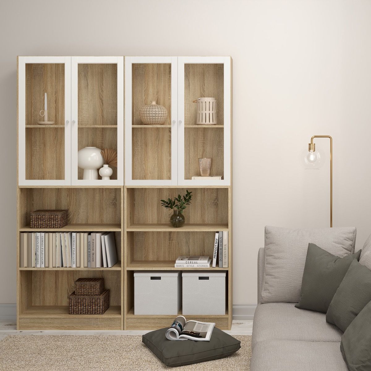 Basic Tall Wide Display Cabinet In Oak (4 Shelves) With 2 Glass White Doors - Price Crash Furniture