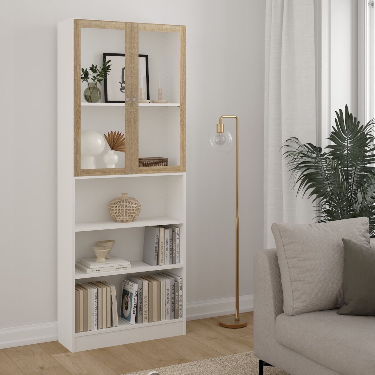 Basic Tall Wide Display Cabinet In White (4 Shelves) With 2 Glass Oak Doors - Price Crash Furniture