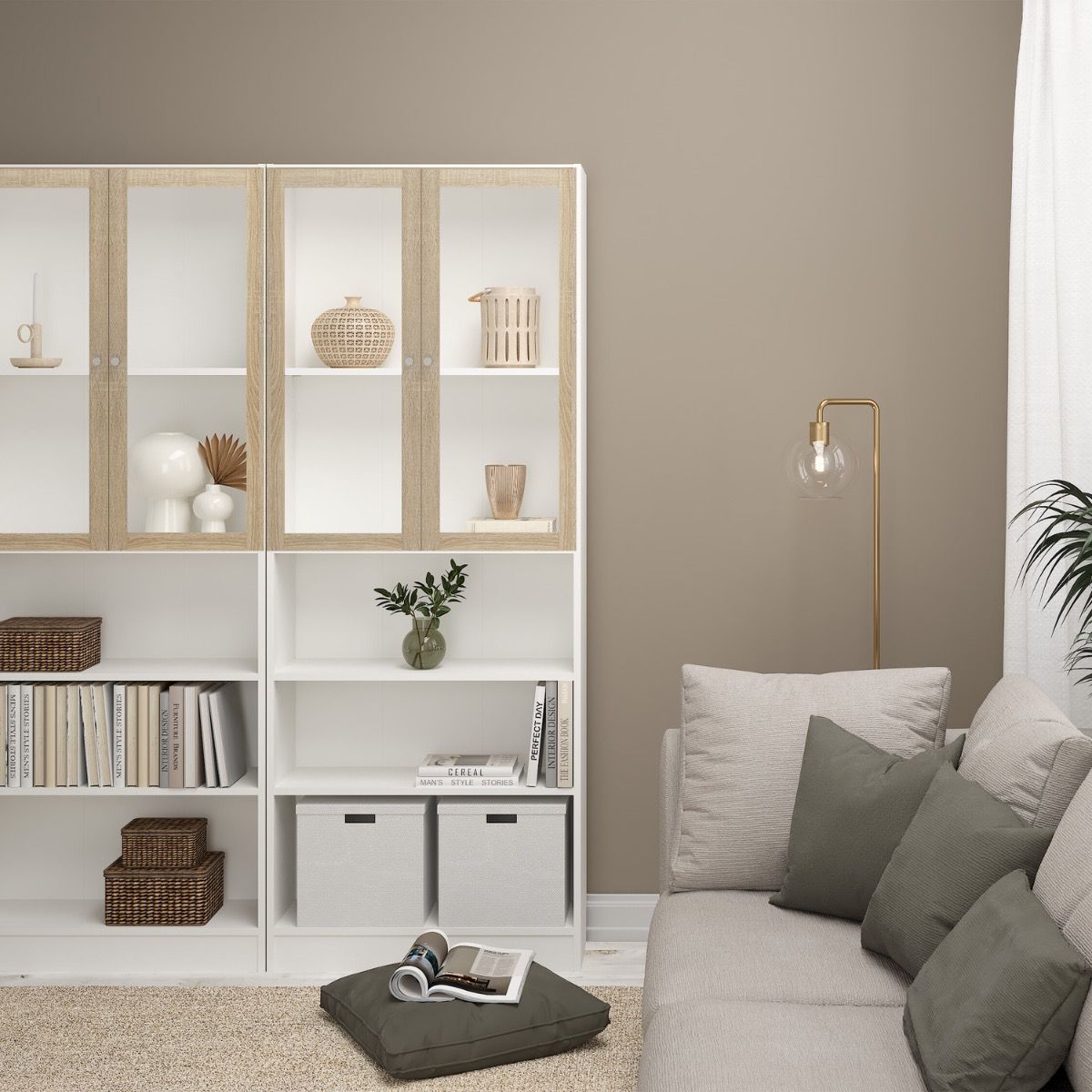 Basic Tall Wide Display Cabinet In White (4 Shelves) With 2 Glass Oak Doors - Price Crash Furniture
