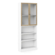 Basic Tall Wide Display Cabinet In White (4 Shelves) With 2 Glass Oak Doors - Price Crash Furniture