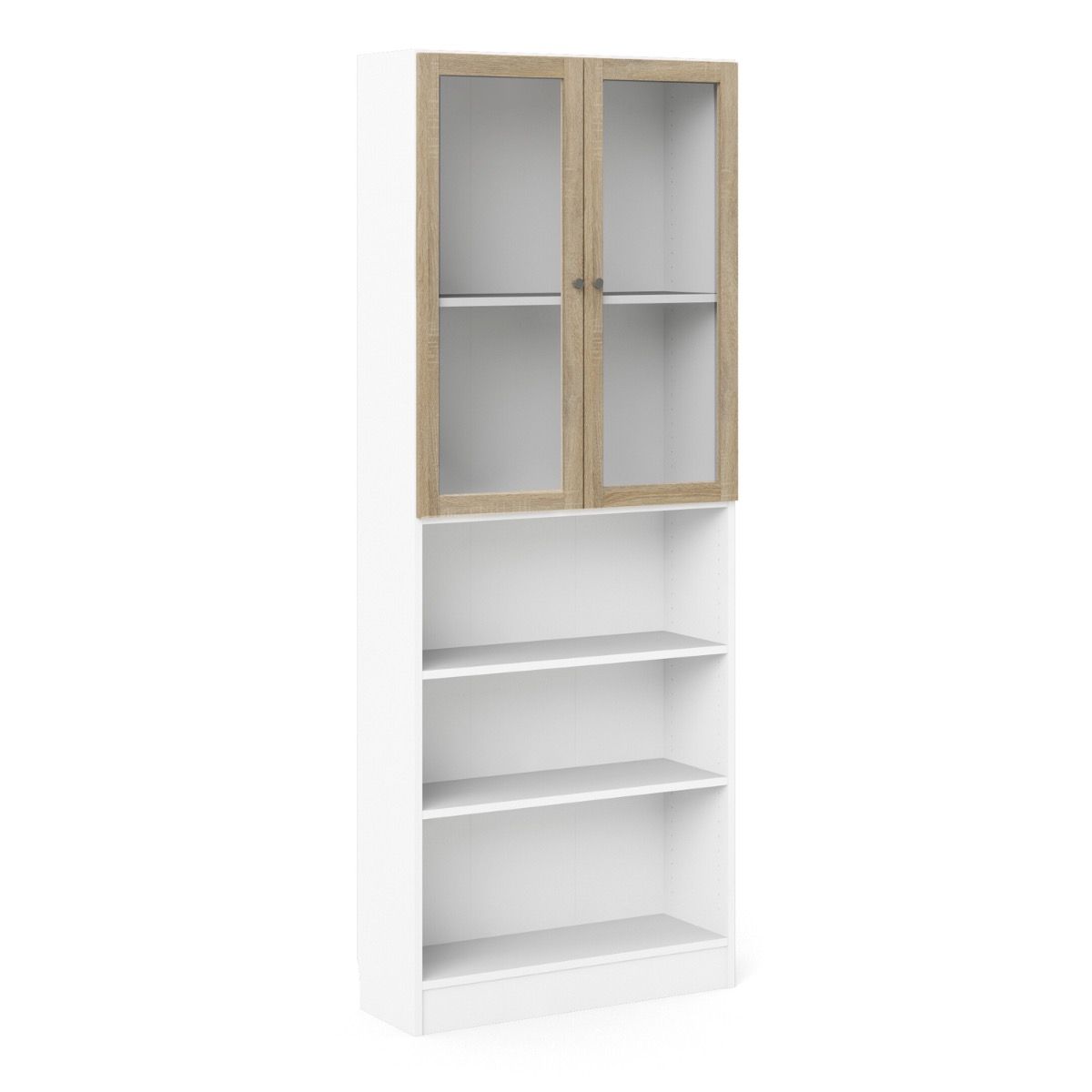 Basic Tall Wide Display Cabinet In White (4 Shelves) With 2 Glass Oak Doors - Price Crash Furniture