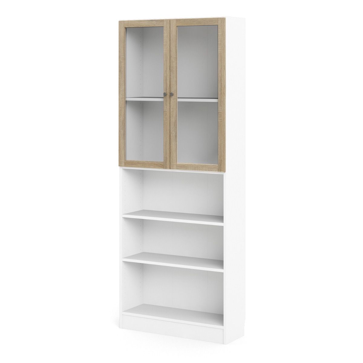 Basic Tall Wide Display Cabinet In White (4 Shelves) With 2 Glass Oak Doors - Price Crash Furniture