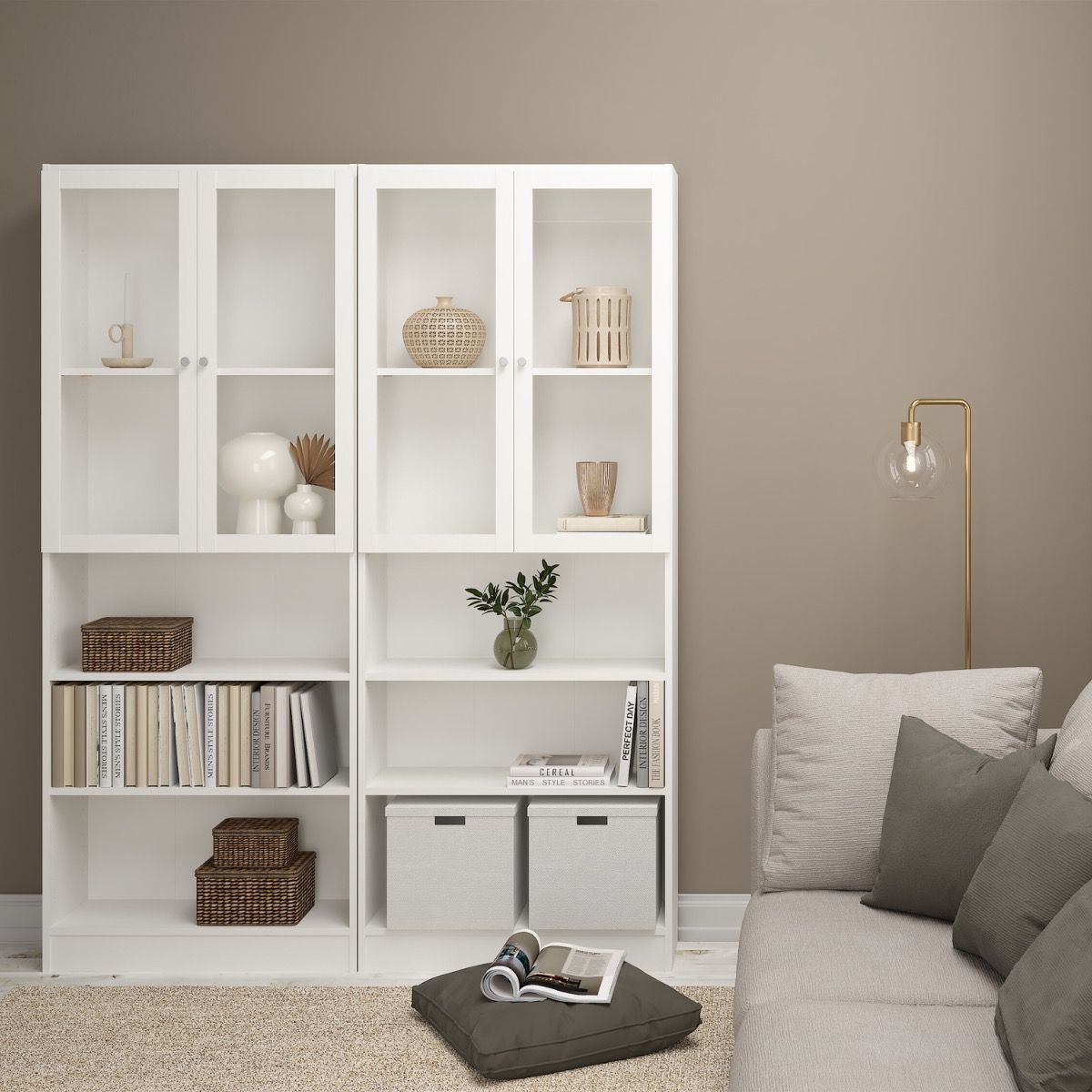 Basic Tall Wide Display Cabinet In White (4 Shelves) With 2 Glass White Doors - Price Crash Furniture