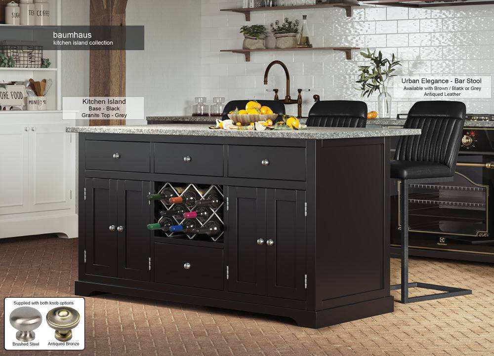 Baumhaus Black Kitchen Island With Grey Granite Worktop - Price Crash Furniture
