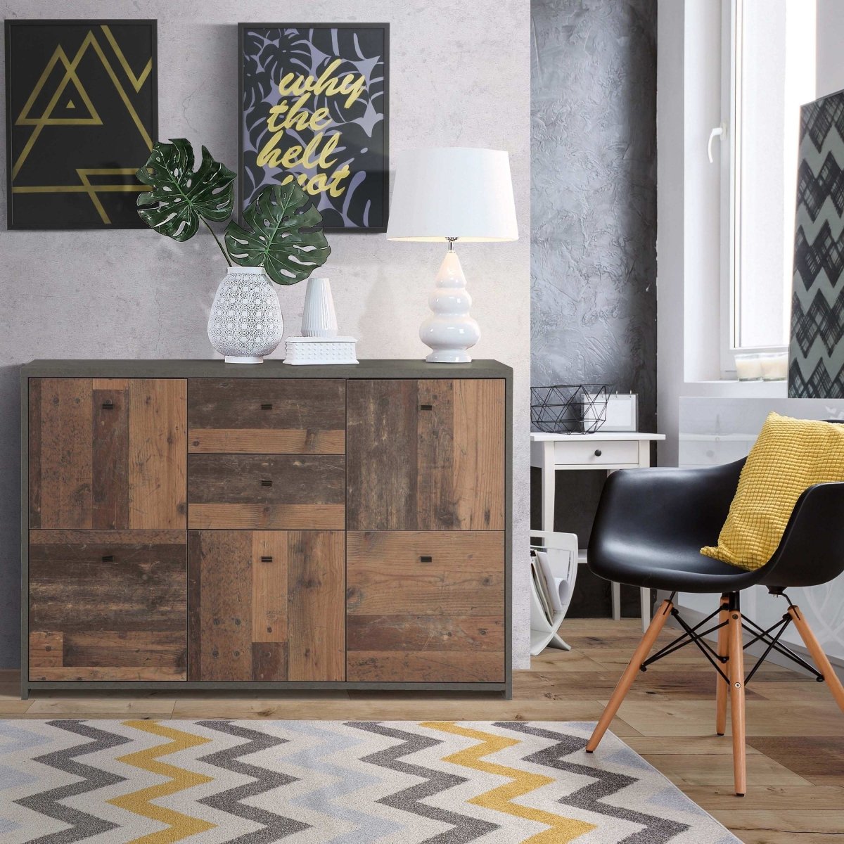 Best Chest Storage Cabinet with 2 Drawers and 5 Doors in Concrete Optic Dark Grey/Old - Wood Vintage - Price Crash Furniture