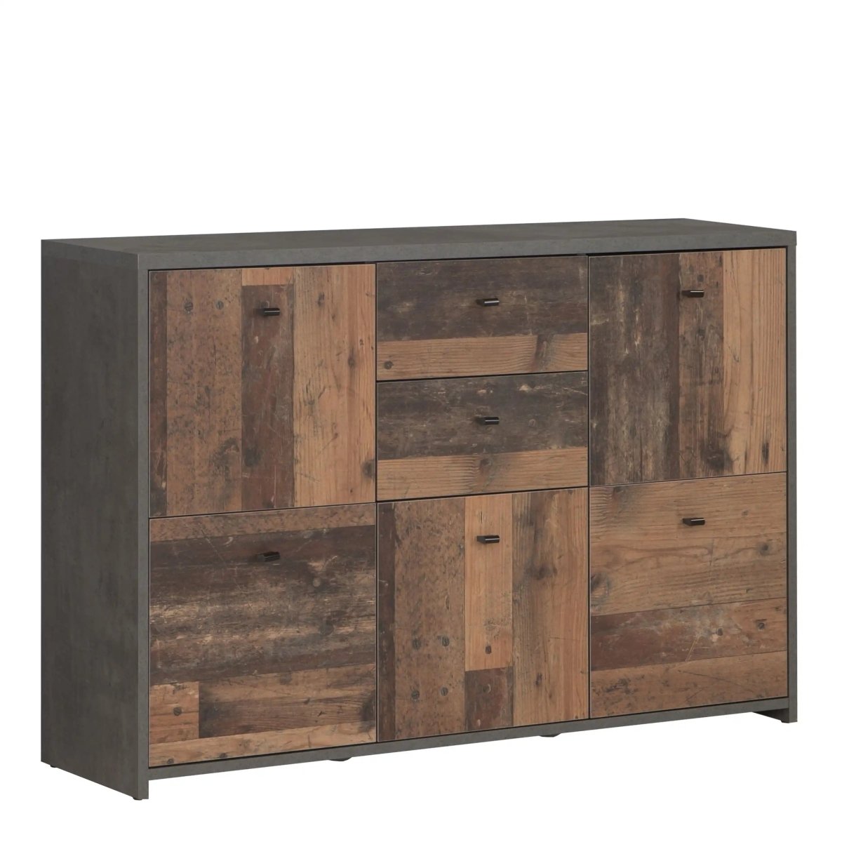 Best Chest Storage Cabinet with 2 Drawers and 5 Doors in Concrete Optic Dark Grey/Old - Wood Vintage - Price Crash Furniture