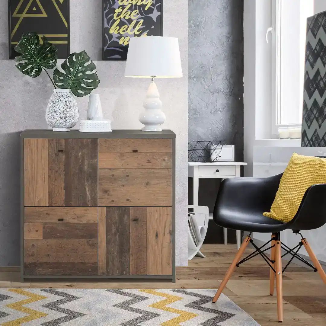Best Chest Storage Cabinet with 4 Doors in Concrete Optic Dark Grey/Old - Wood Vintage - Price Crash Furniture
