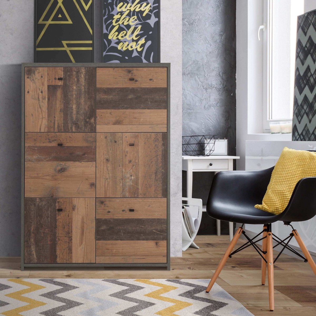 Best Chest Storage Cabinet with 6 Drawers in Concrete Optic Dark Grey/Old - Wood Vintage - Price Crash Furniture