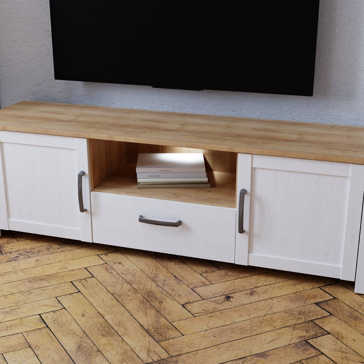 Bohol TV Cabinet With Built In LED Light In White Riviera Oak - Price Crash Furniture