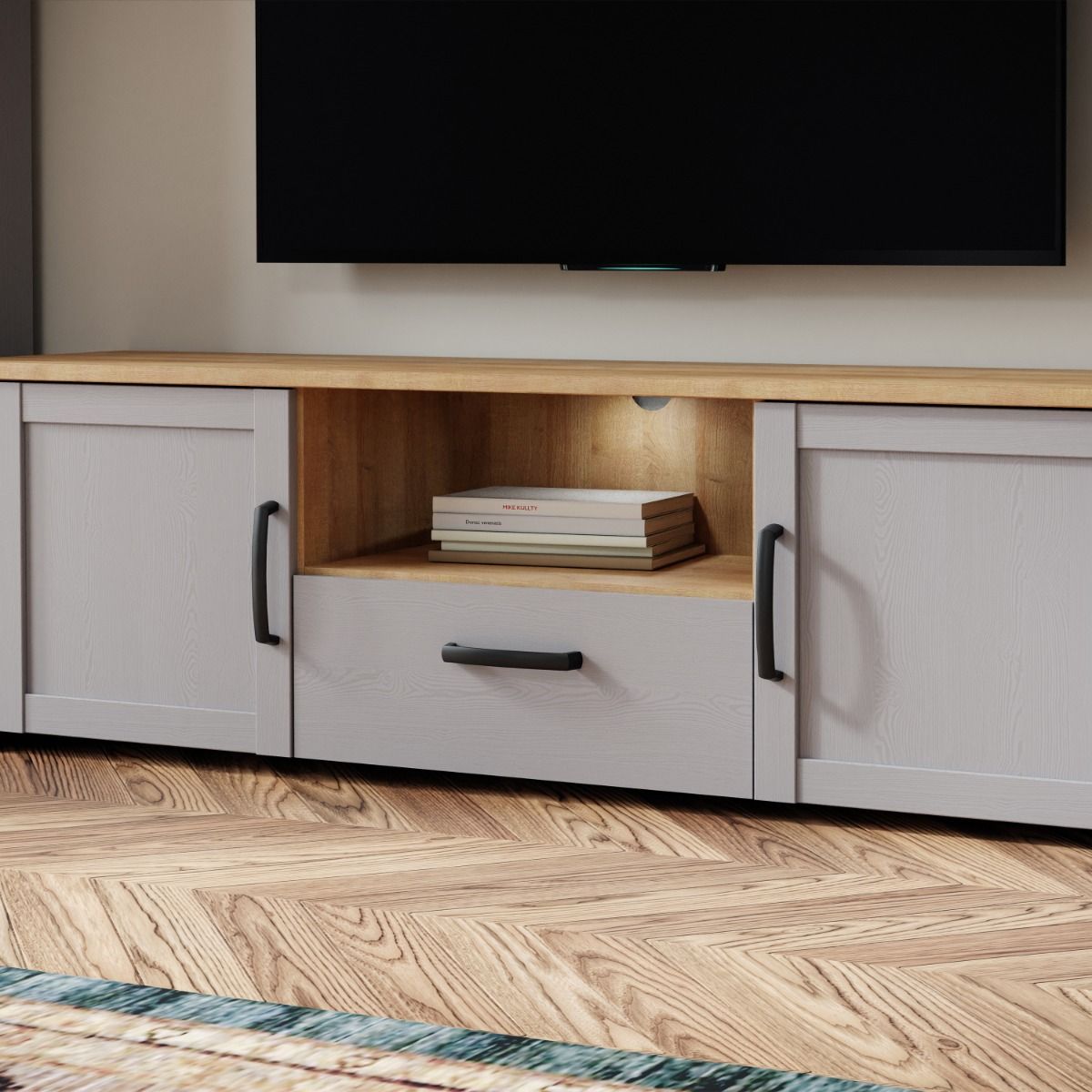 Bohol TV Cabinet With LED Lighting In Grey Riviera Oak - Price Crash Furniture