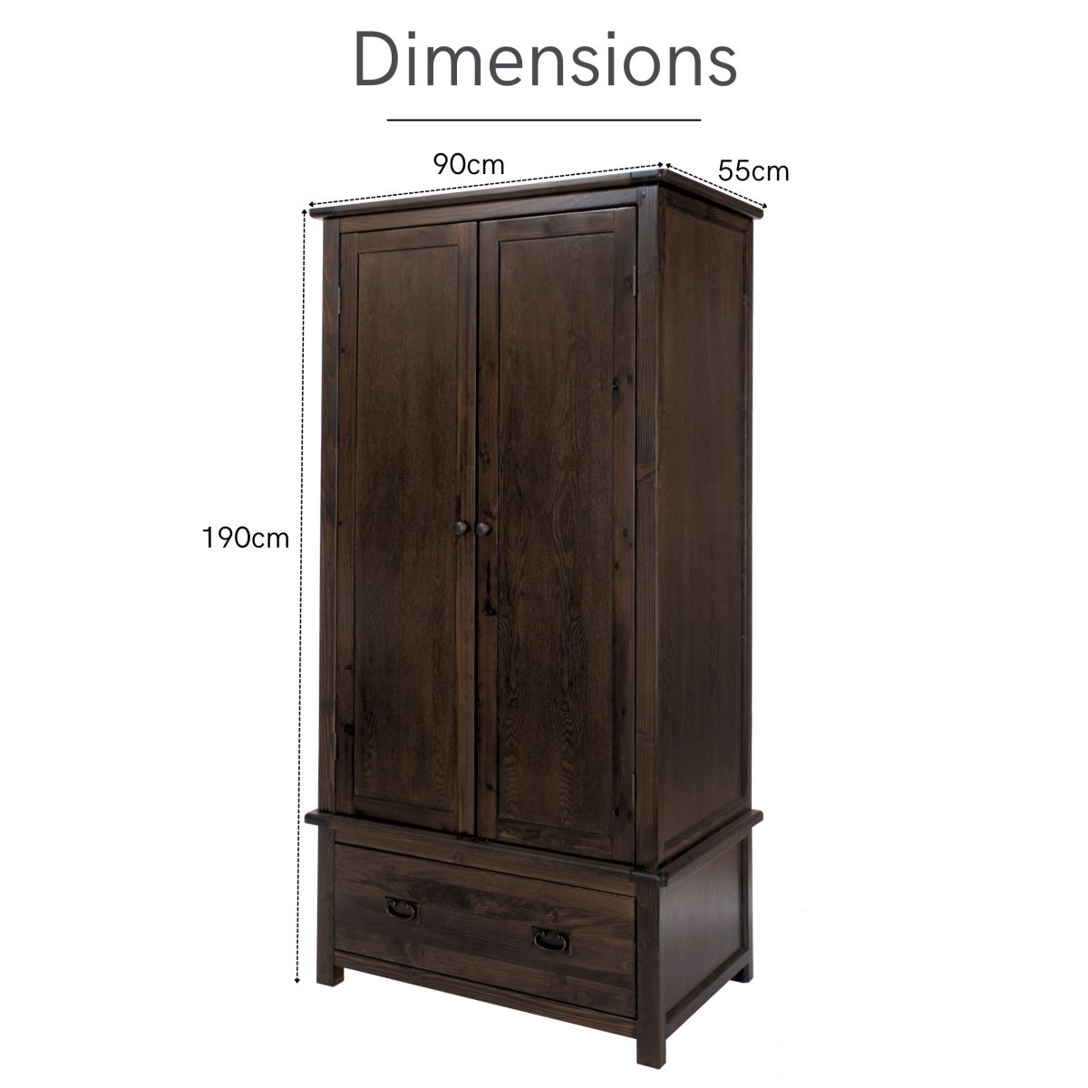 Boston 2 Door 1 Drawer Wardrobe in Dark Stained Wood - Price Crash Furniture