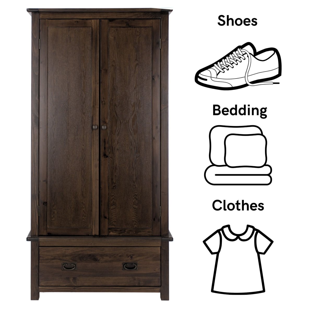 Boston 2 Door 1 Drawer Wardrobe in Dark Stained Wood - Price Crash Furniture