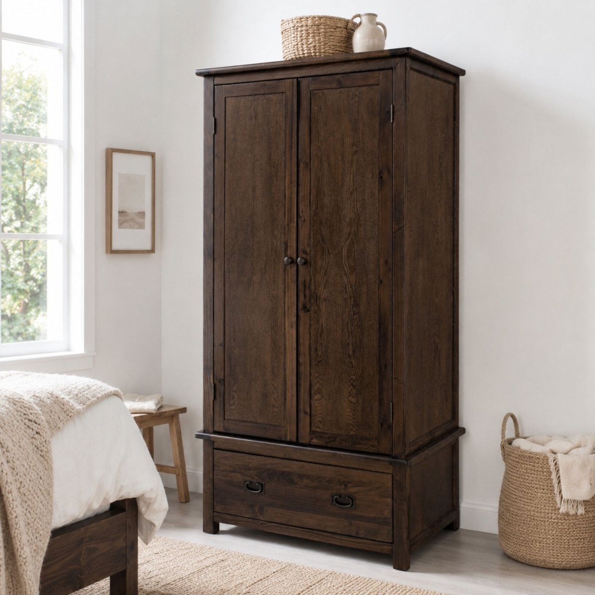 Boston 2 Door 1 Drawer Wardrobe in Dark Stained Wood - Price Crash Furniture