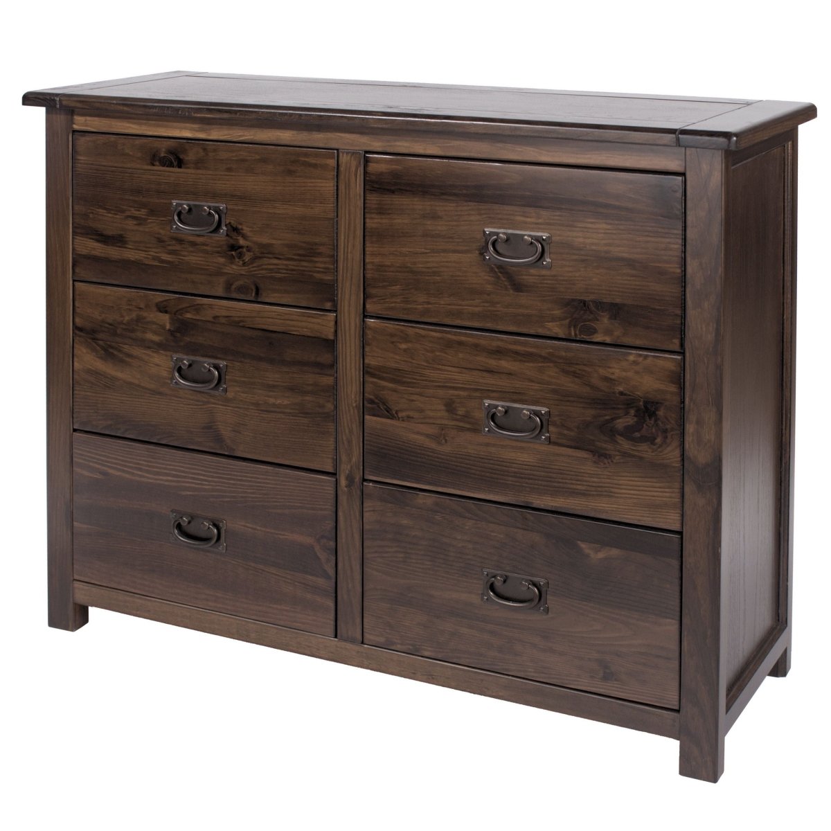 Boston 3+3 6 Drawer Wide Chest Of Drawers In Stained Dark Wood - Price Crash Furniture