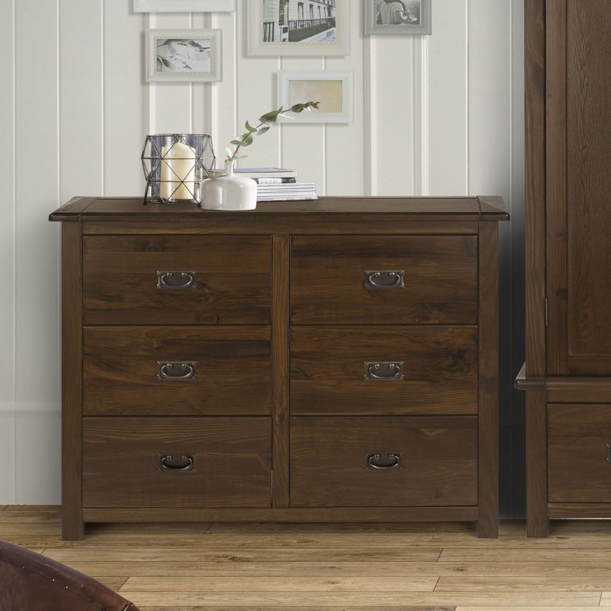 Boston 3+3 6 Drawer Wide Chest Of Drawers In Stained Dark Wood - Price Crash Furniture