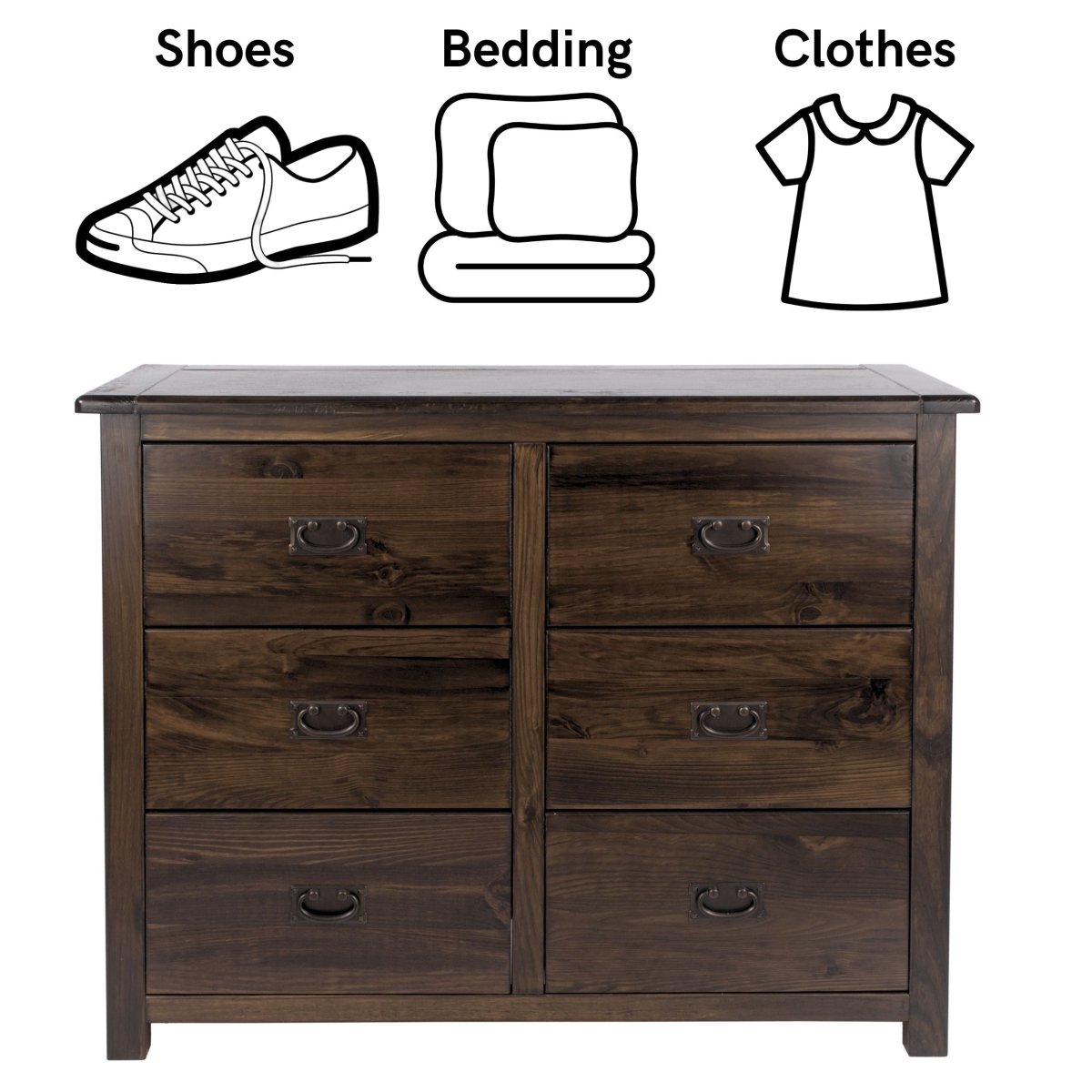Boston 3+3 6 Drawer Wide Chest Of Drawers In Stained Dark Wood - Price Crash Furniture