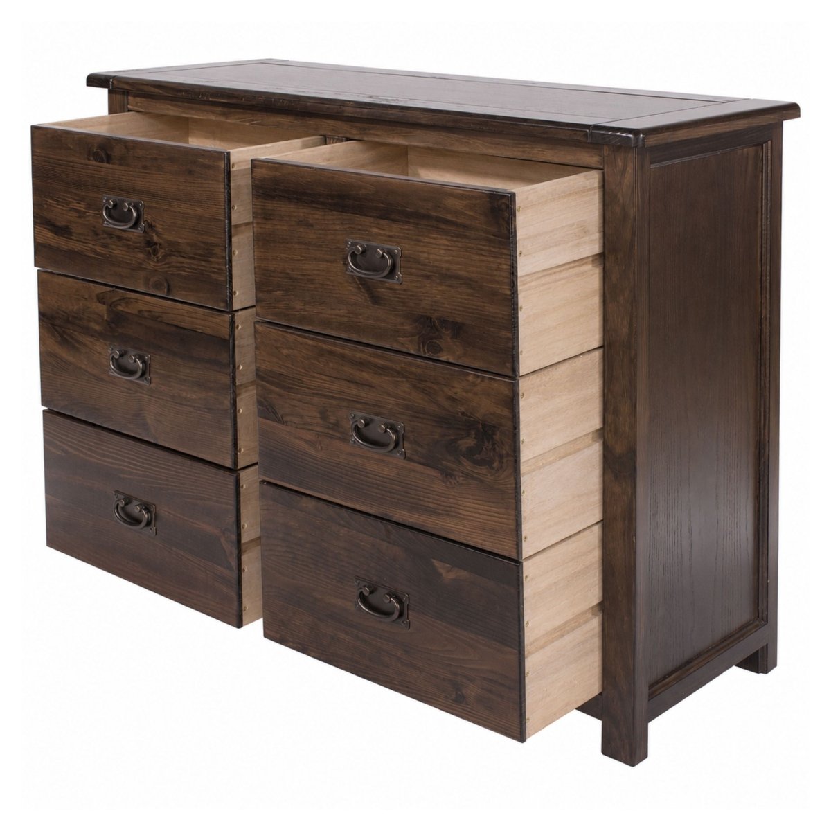 Boston 3+3 6 Drawer Wide Chest Of Drawers In Stained Dark Wood - Price Crash Furniture